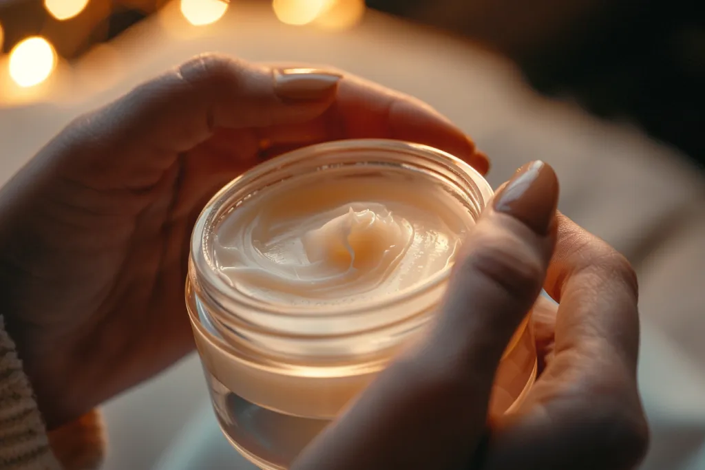 A close up of hands applying cream