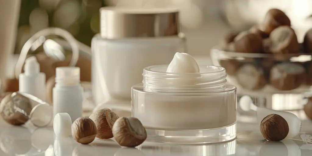 A close up of various white skincare products