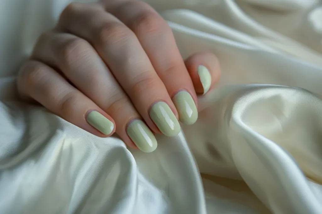 A closeup of an elegant hand with light green nails