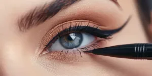 A closeup of an eye with winged eyeliner