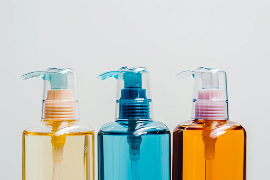 A closeup of the hand pump heads on shampoo bottles