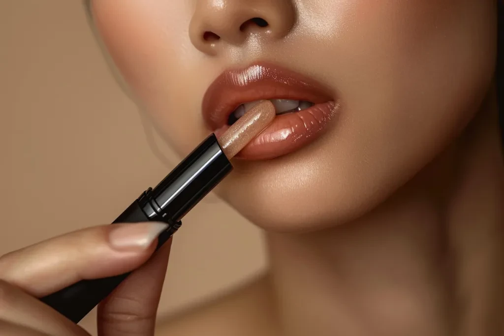 A closeup shot of an woman applying lip balm