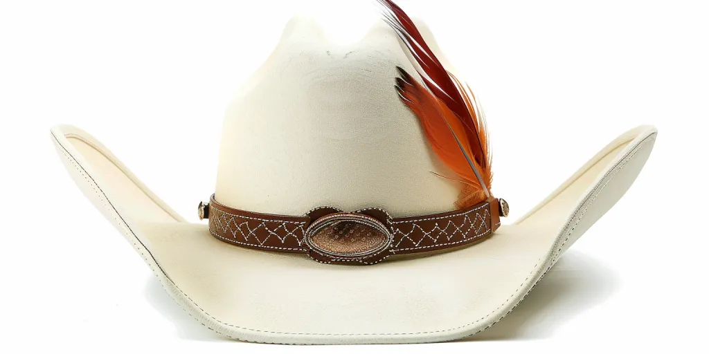 A cream colored cowboy hat with a brown band