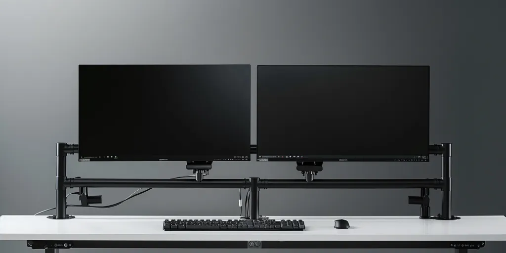 A dual monitor arm supported two monitors