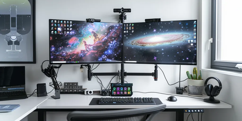 A dual monitor stand is mounted on the wall above an office desk