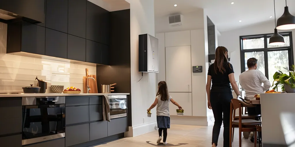 A family of three in a kitchen with dark cabinets and white walls, black trim on the furniture and a renewable energy device on the wall