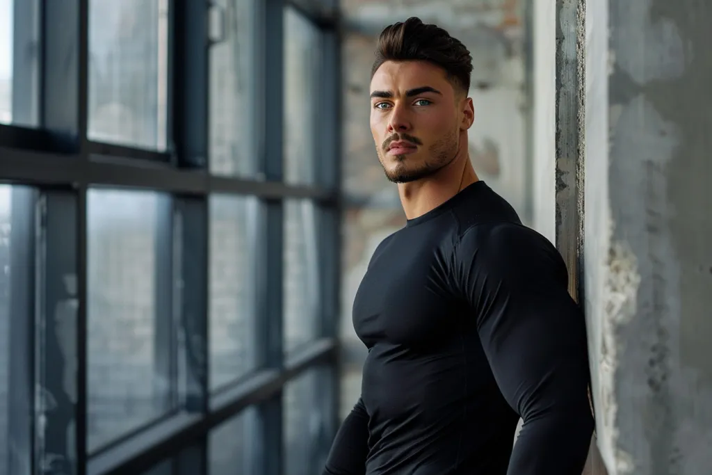 A fit male fitness model wearing a black long sleeve t-shirt and leggings posing