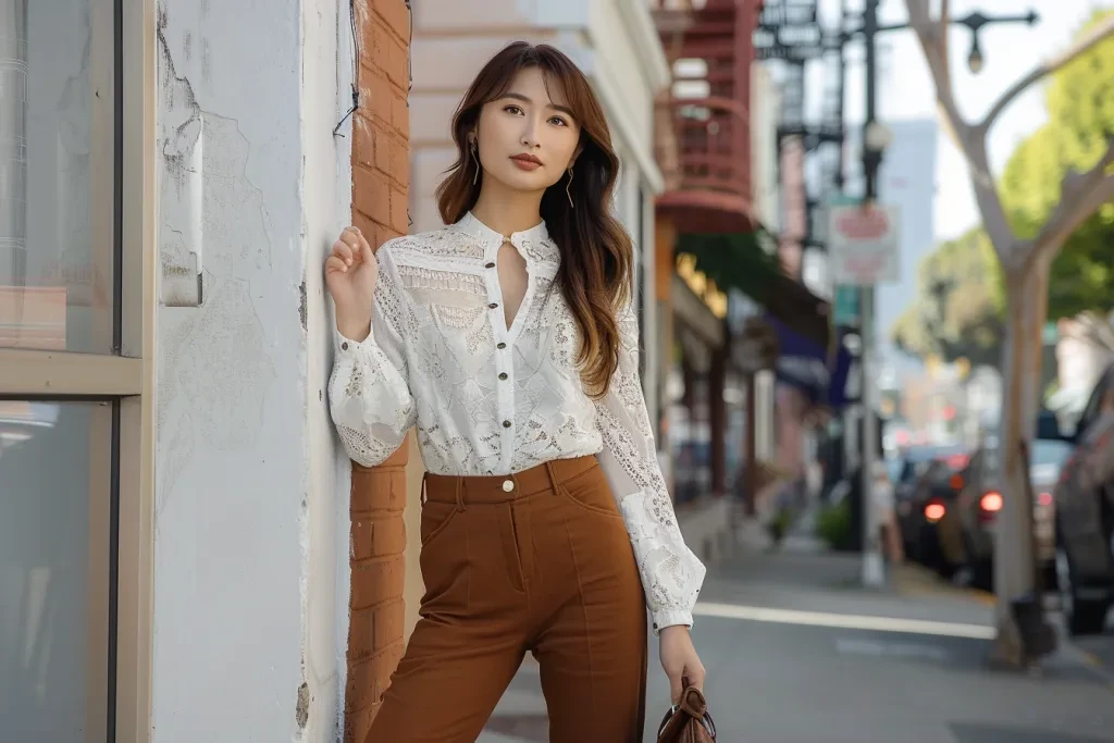 A full-body photo of an woman standing against a wall