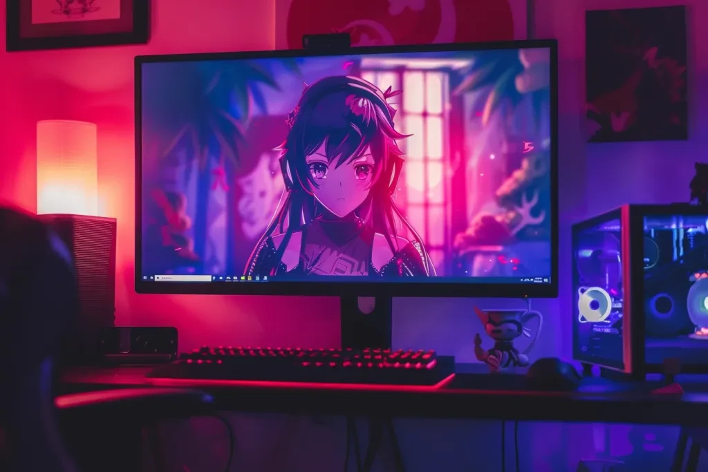 A gaming monitor with an anime character on the screen