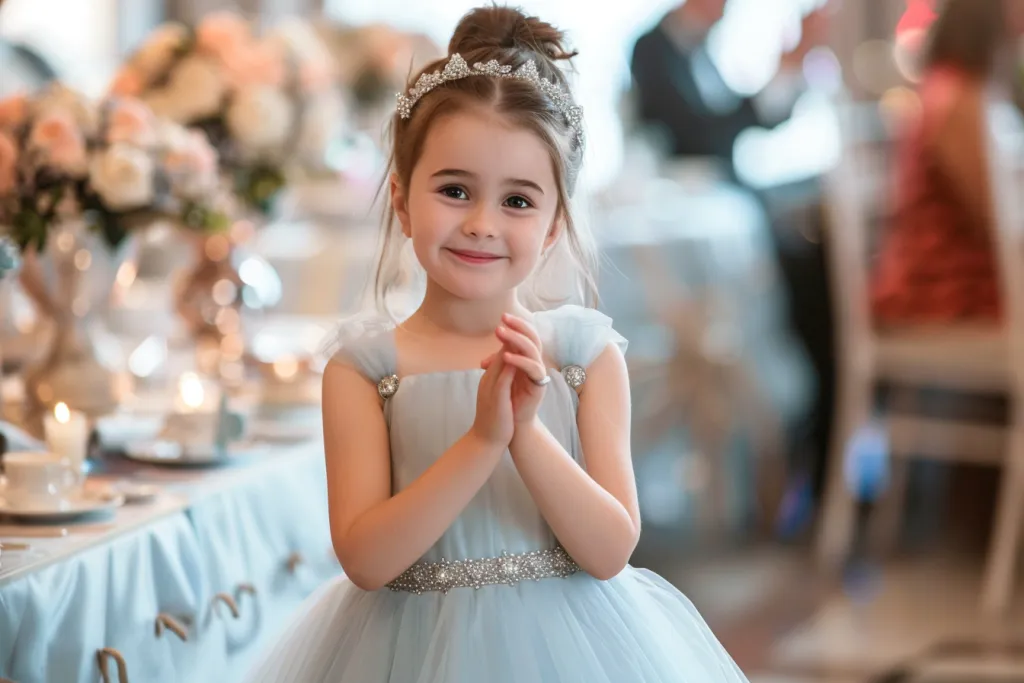 A girl wearing a light blue princess dress