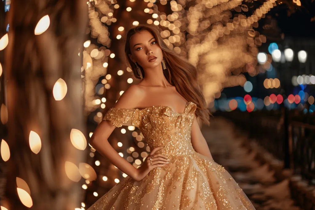 A golden off-the-shoulder evening dress