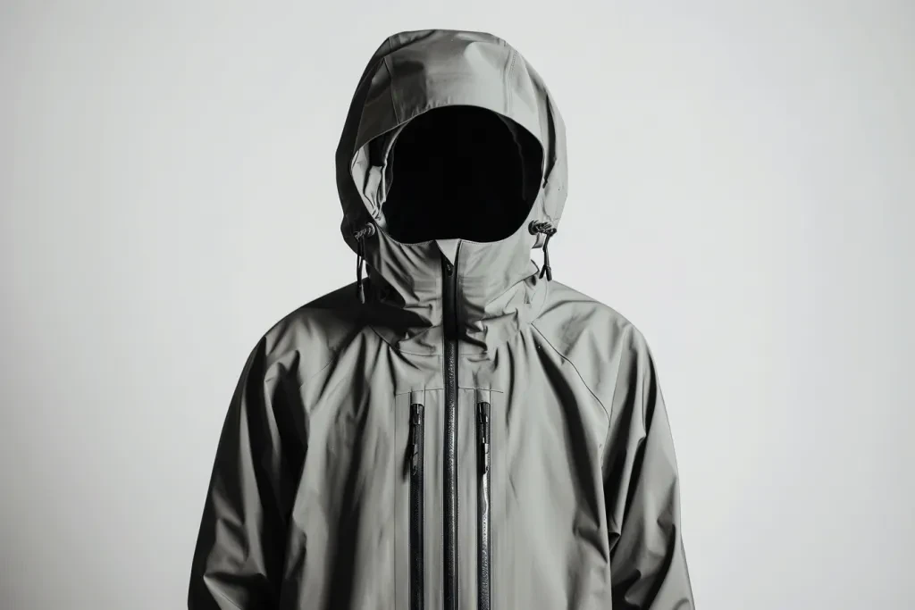 A gray jacket with black zippers and a hood