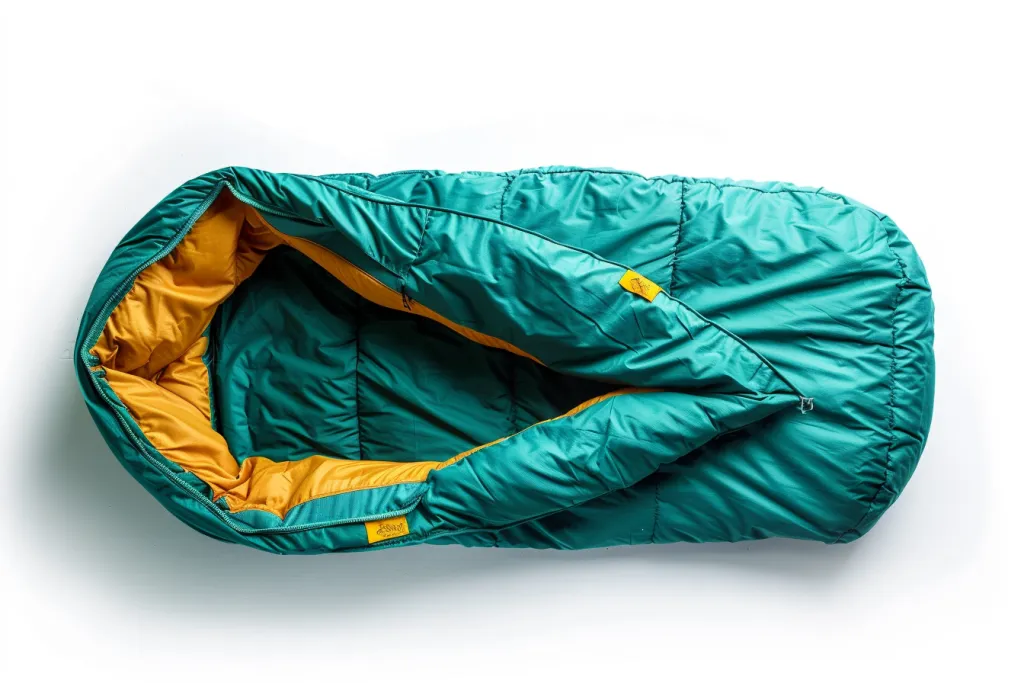 A green and teal sleeping bag