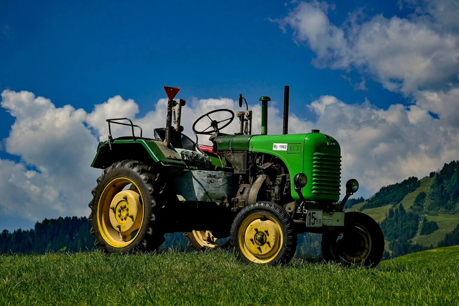 A green and yellow tractor