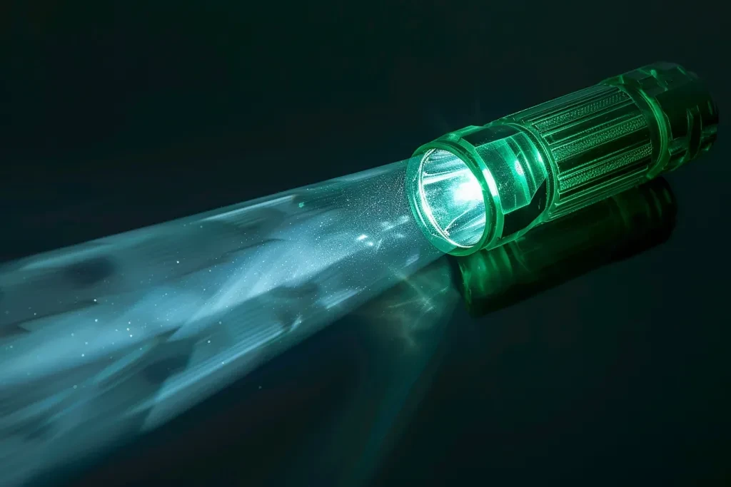 A green flashlight shines