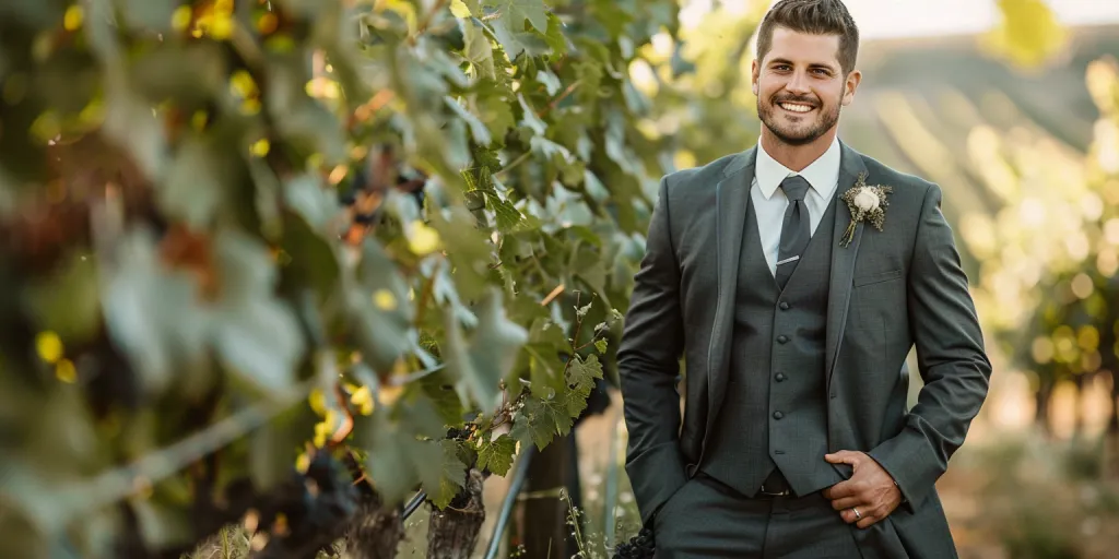 A groom in an elegant dark grey three-piece suit