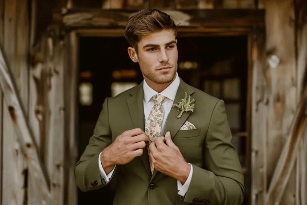 A groom in an olive green suit with his hands