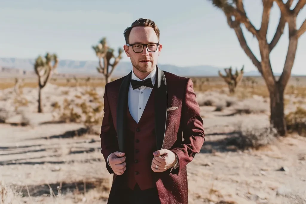 A groom wearing a burgundy and black wedding suit