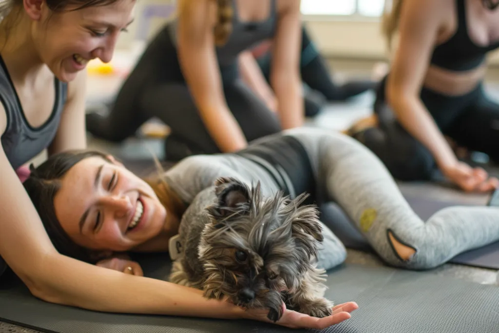 A group of people doing yoga with small dogs