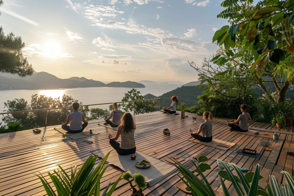 A group of people meditating on the terrace at sunset