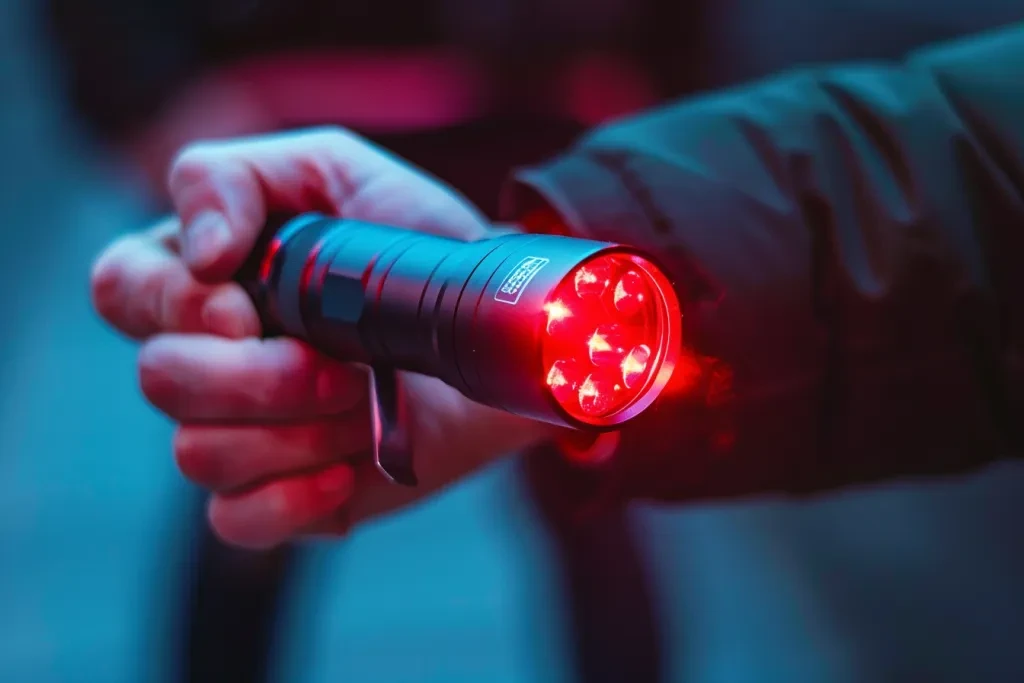 A hand holding a flashlight with red LED lights