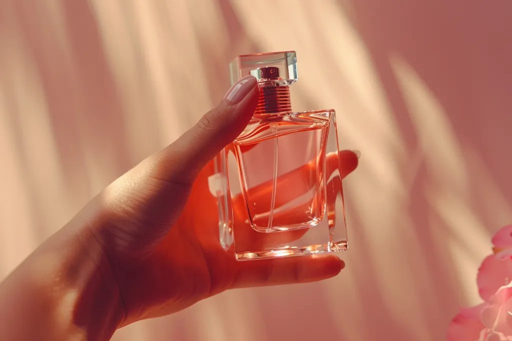 A hand holding a square perfume bottle