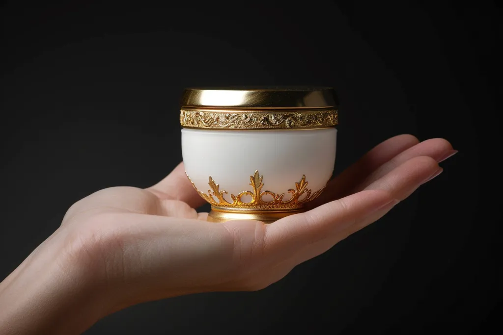 A hand holding an elegant cream jar with gold accents