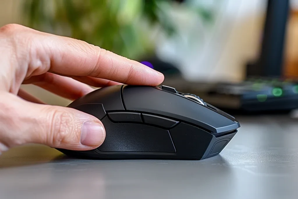 A hand holding an optical mouse