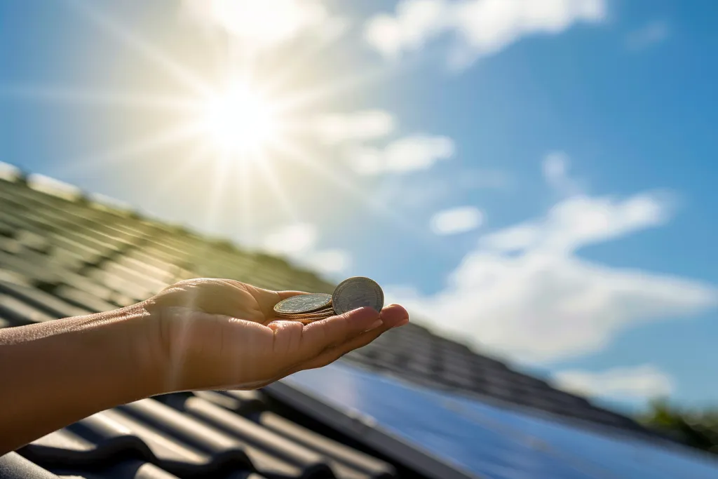 A hand holding coins and solar panels on the roof of a house with a blue sky, sun rays shining through