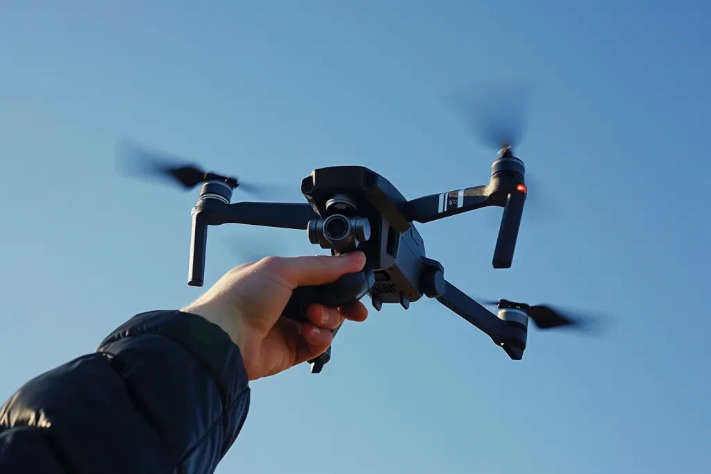 A hand holding the controller of an aerial drone