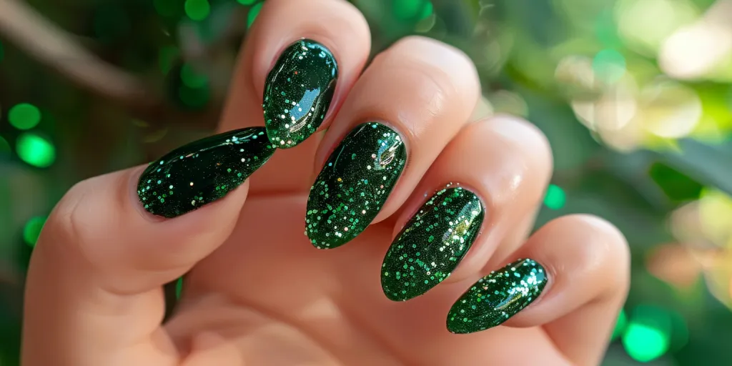 A hand with green glitter nails