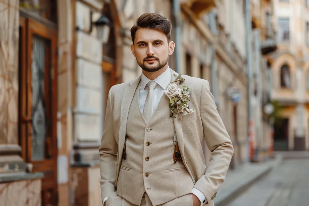 A handsome groom in a beige three-piece suit