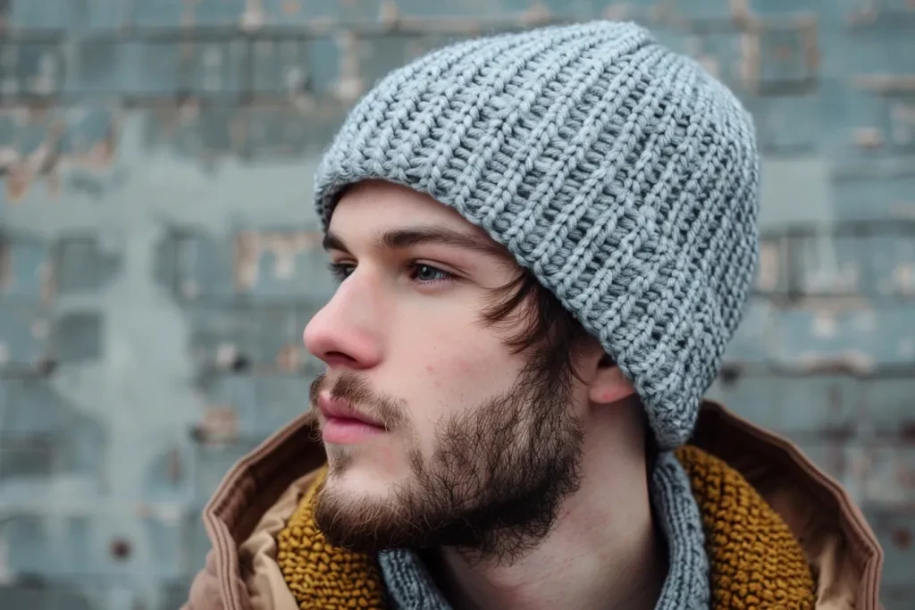 A handsome man wearing a plain gray beanie