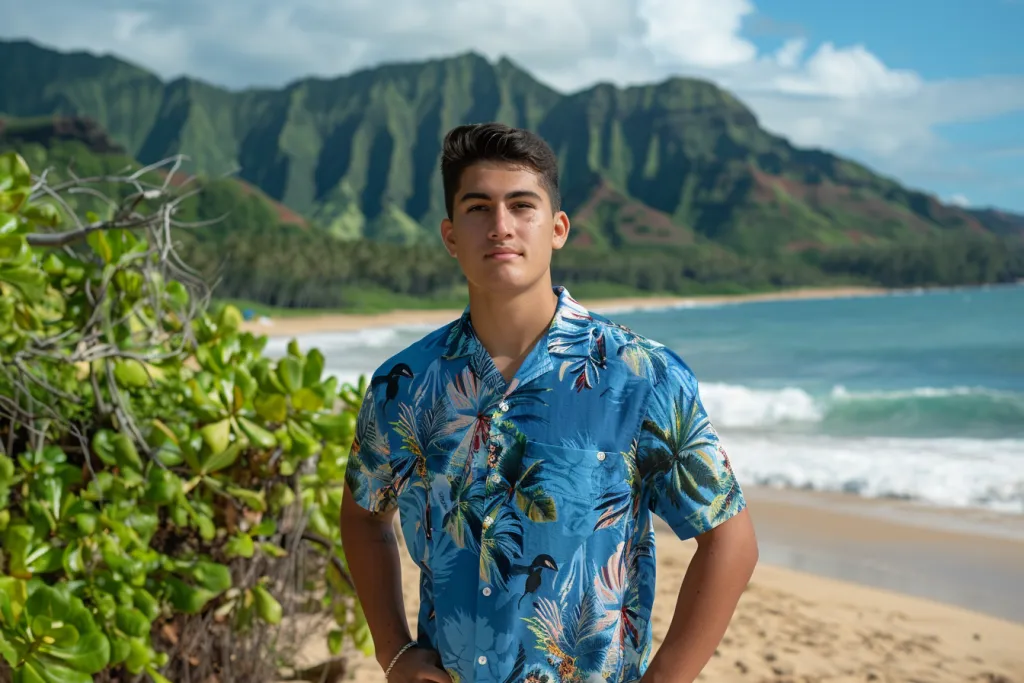 A handsome young man wearing blue Hawaiian shirt