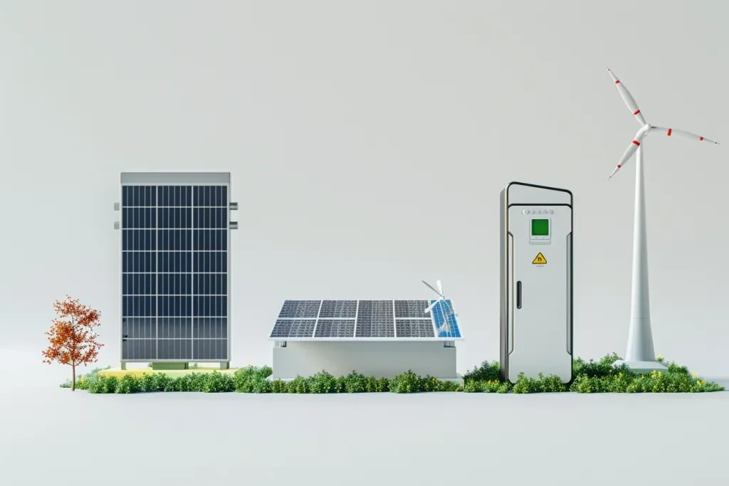 A high-resolution photograph of three different types of battery, each with solar panels and wind turbines on their surface