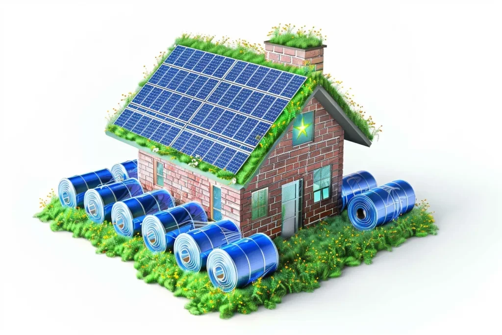 A house made of solar panels and rolls of blue Mag communicator battery with a green energy symbol on a white background