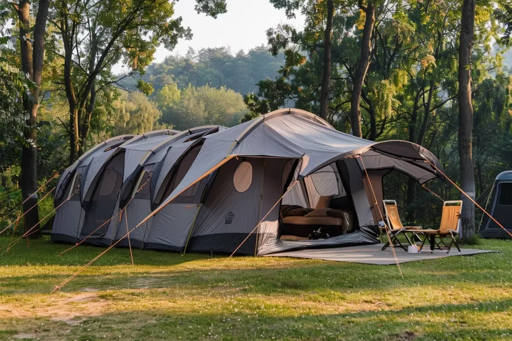 A large airica family tent with an open roof and side panels, in grey color, set on the grass of a summer camp