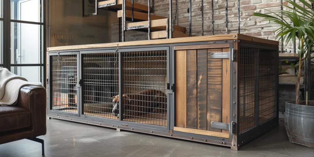 A large dog cage with metal mesh and wood paneling