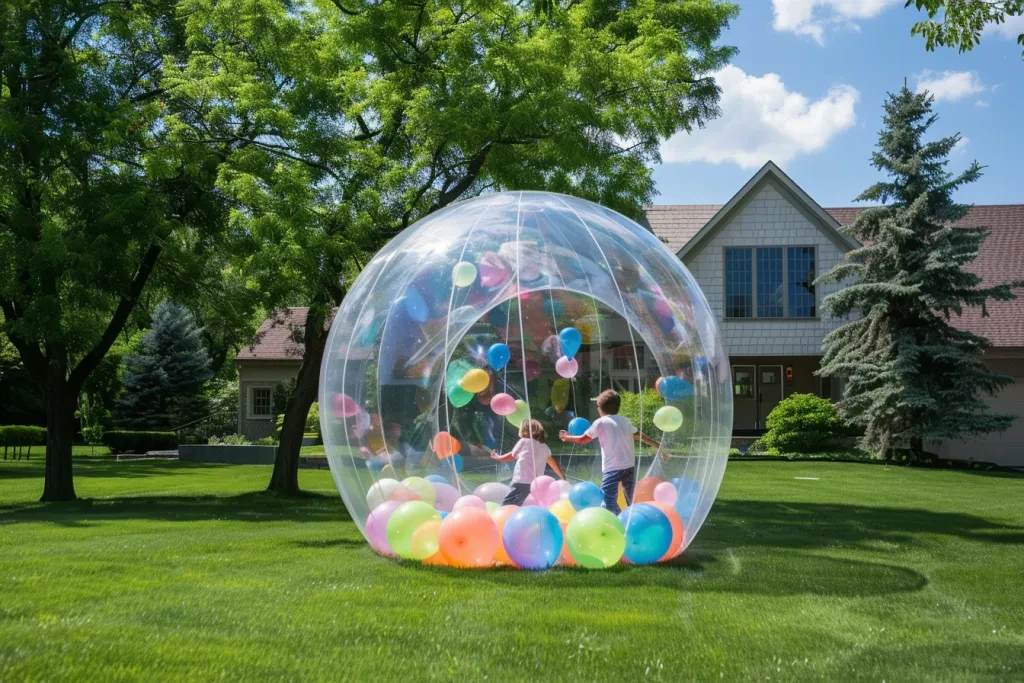 A large inflatable transparent ball on the lawn, inside is an empty space with many balloons of different colors around it and two children playing in them