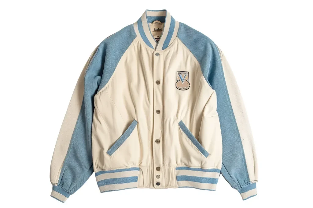 A light blue and cream vintage white baseball jacket