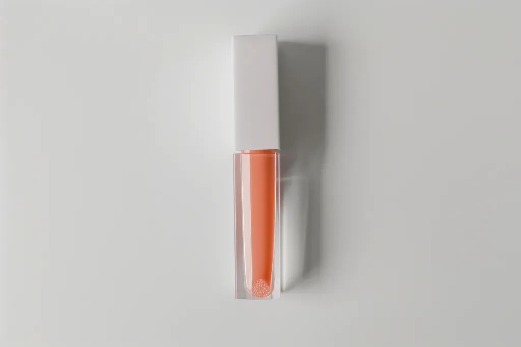 A lip gloss product in peach color