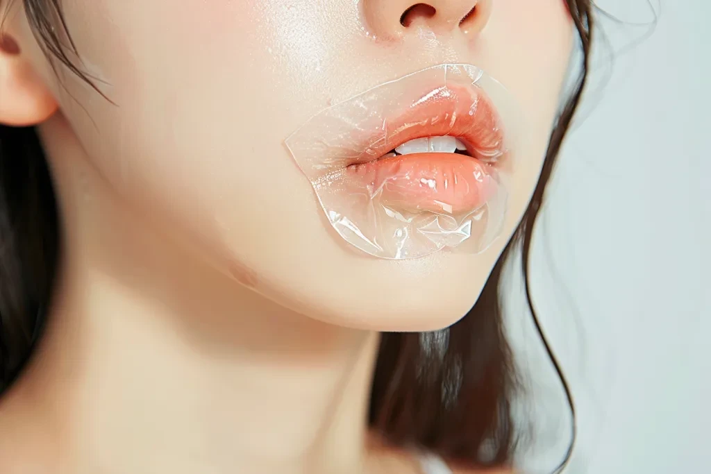 A lip patch is used on the lips of an Asian woman