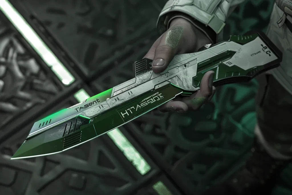 A lowpoly white and green combat knife