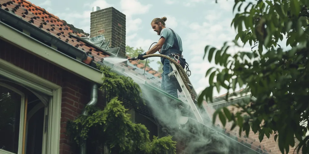 A man cleaning the roof of his house with high pressure water