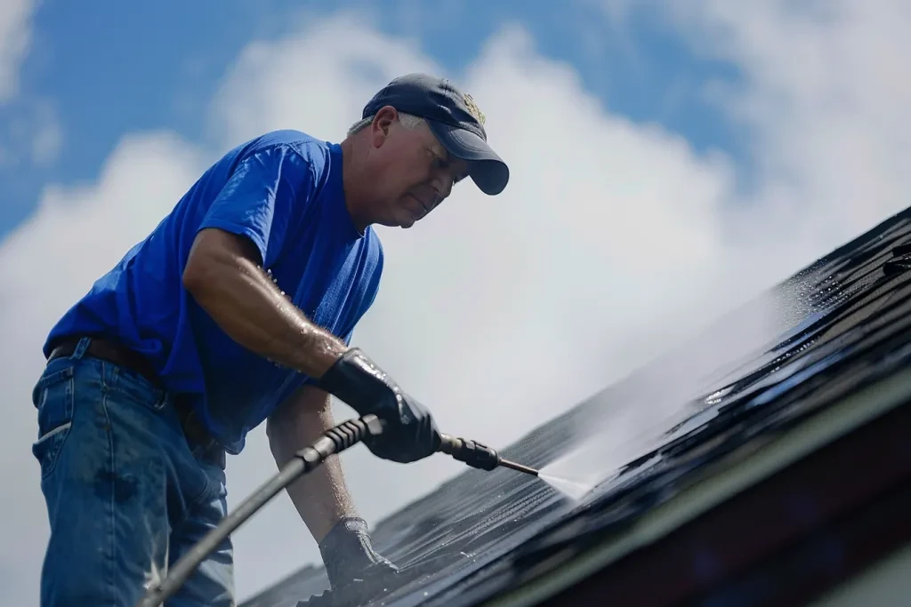 A man in a blue shirt and cap is cleaning a roof