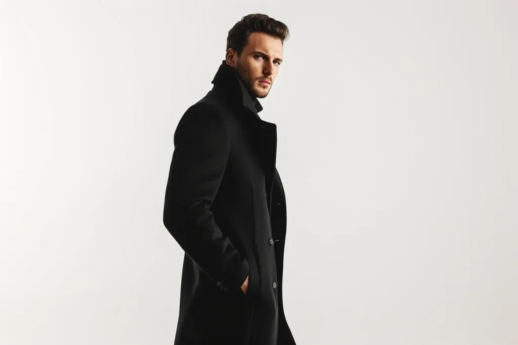 A man in an elegant black overcoat with long sleeves