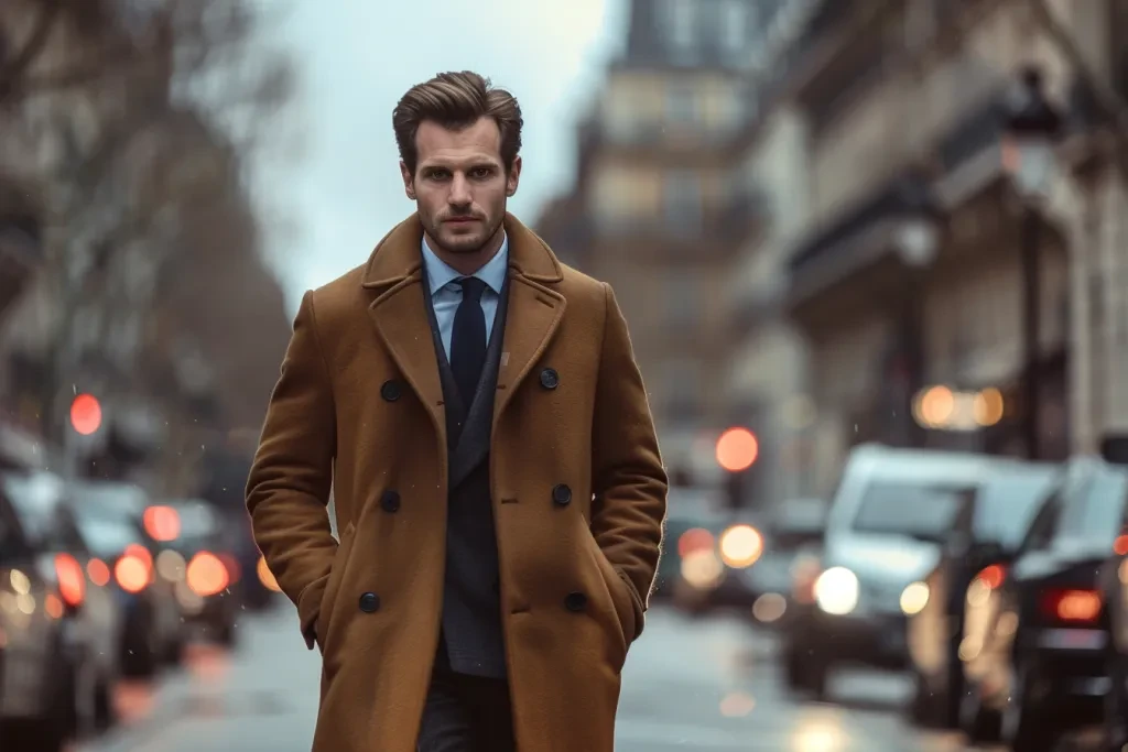 A man in an elegant coat walks along the streets