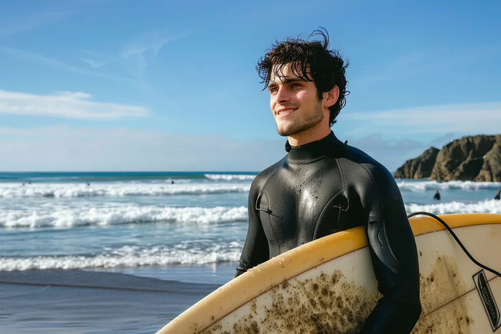 A man in black wetsuit holding surfboard