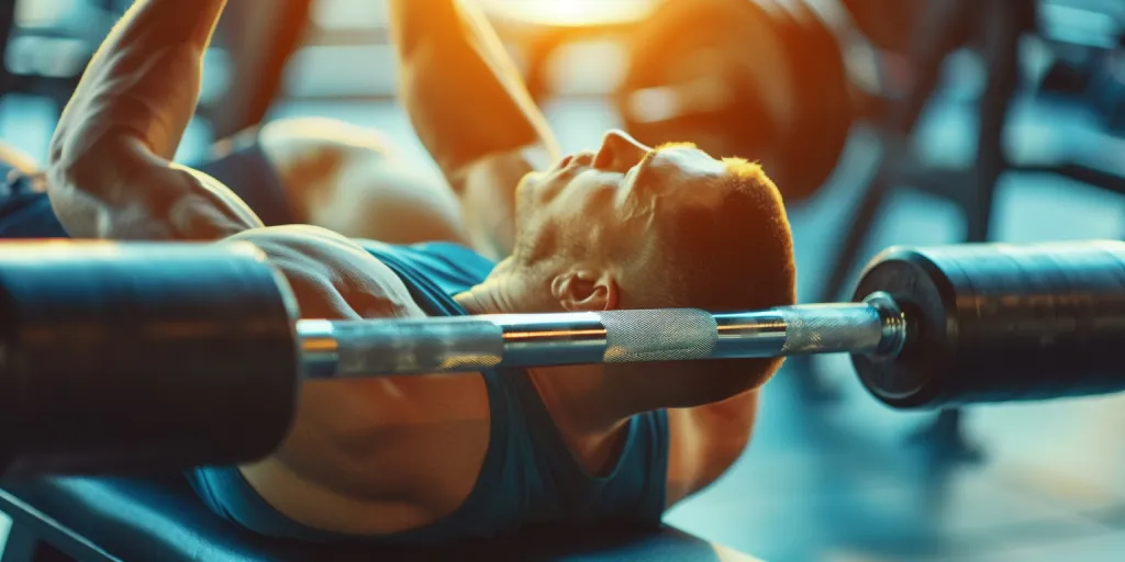 A man is lying on a bench press in a gym doing muscle training