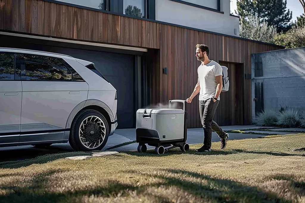 A man is pulling an electric chest on a free home cargo trolley with wheels and a handle on the back of his white car
